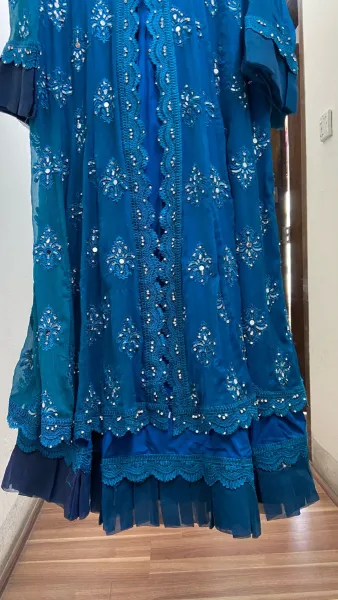 Pakistani Original Mona Embroidery Chiffon Stitched Gown 3 Pcs _ Sea Green 